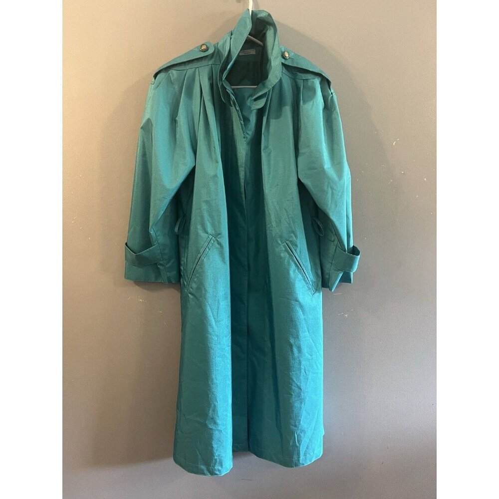 Vintage British Mist Womens 80s Trench Coat With Shoulder Pads Shimmery Teal 14P
